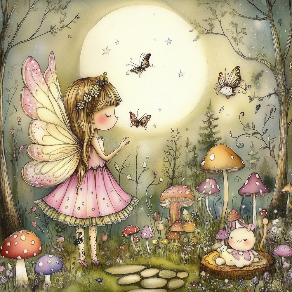 5pc Whimsical Fairy Art Print Iron On Heat Transfers with Pink and Green Accents